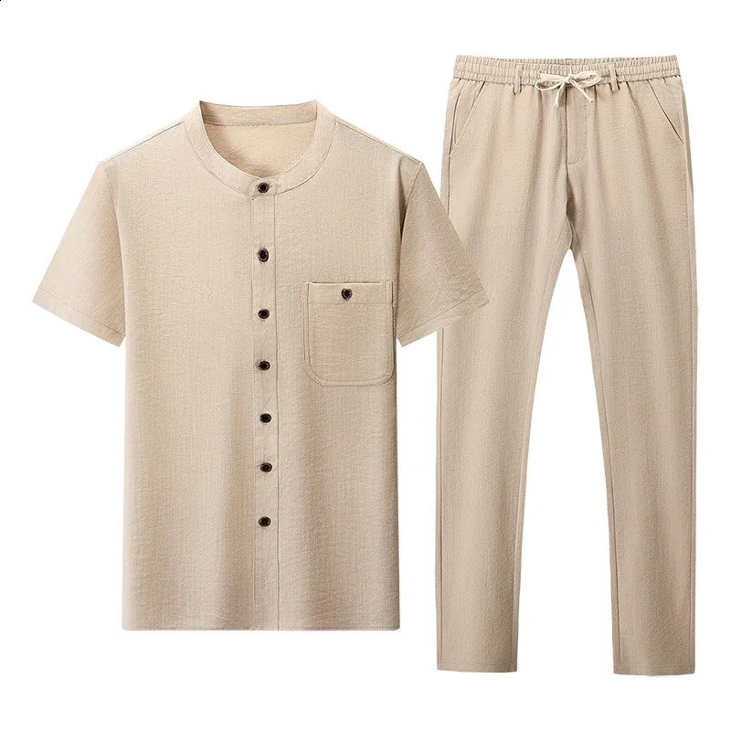 Linen shirt pants mens top summer cotton set shorts basketball gym 250417