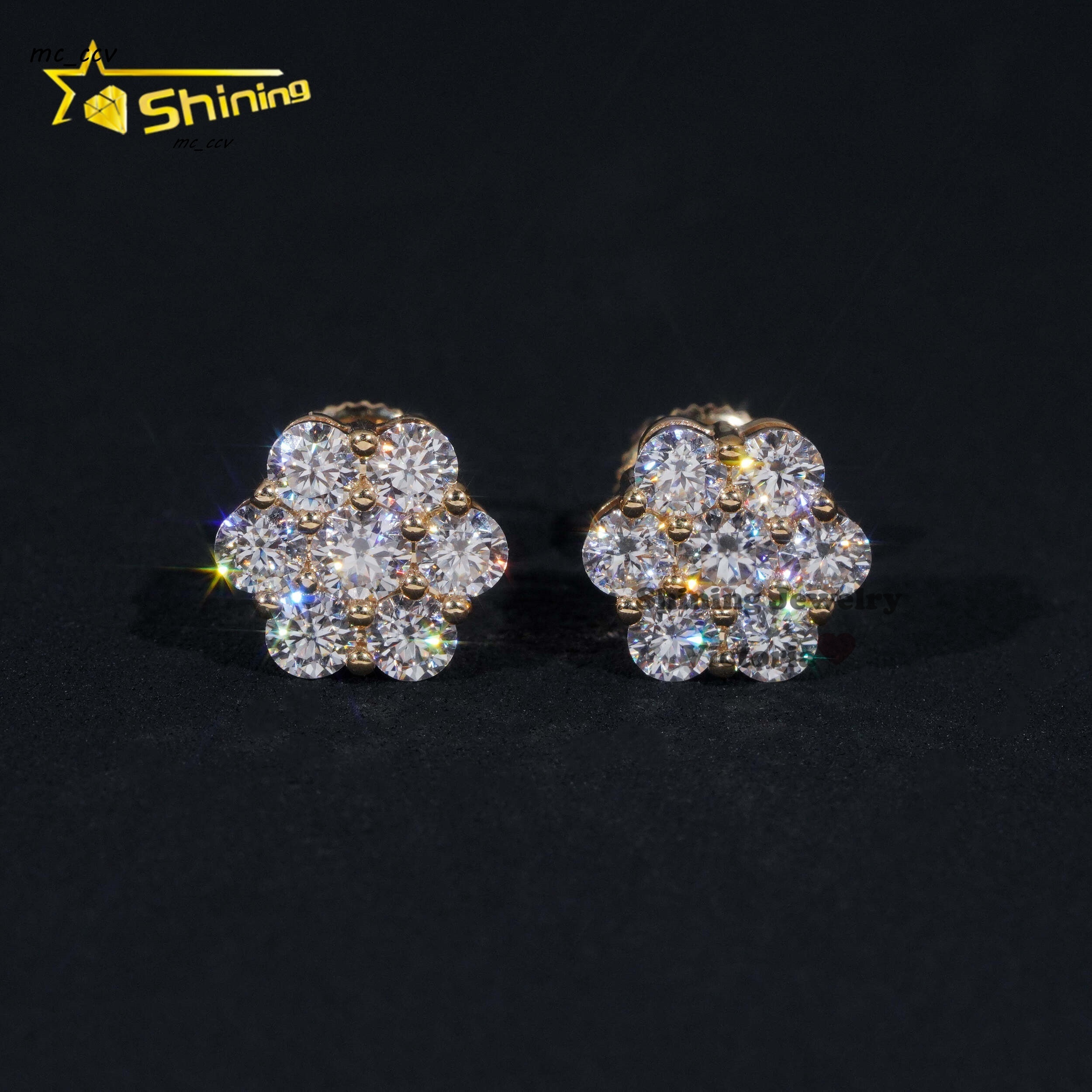 Pass Diamond Tester Hip Hop High Quality 10K 14K 18K Soild Gold Screw Back Cluster Moissanite Stud Earrings
