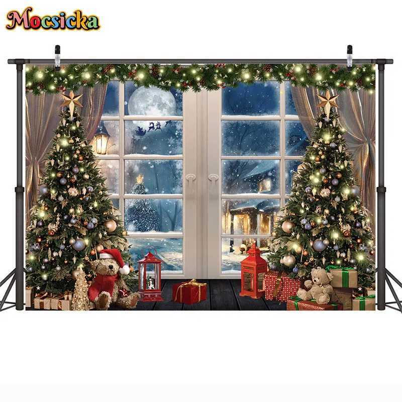 Christmas Backdrop Xmas Tree Santa Claus Window View Photo Background for Christmas and Happy New Year Eve Celebration BannerM251125