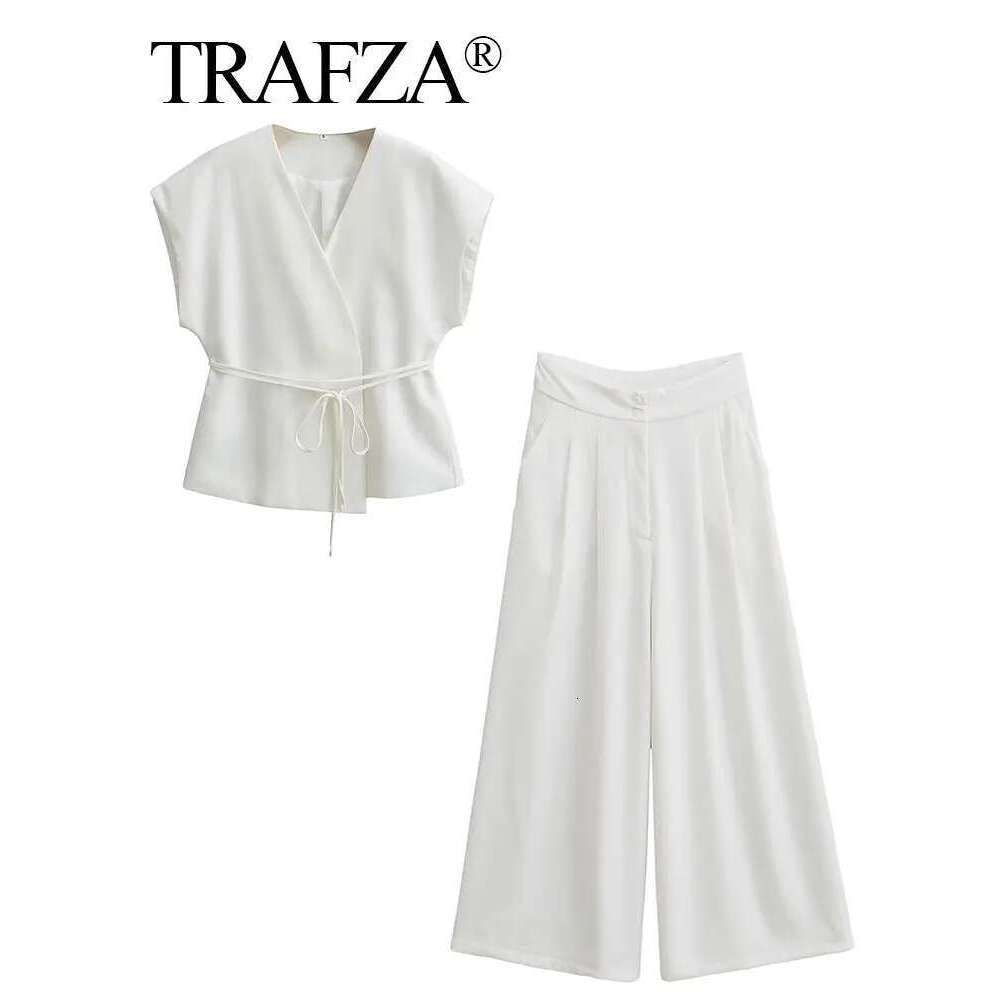 TRAFZA Women Solid 2 Piece Elegant Lace Up Vest Pants Sets V Neck Sleeveless Blouse Wide Leg Trousers 2024 Office Lady Outfits