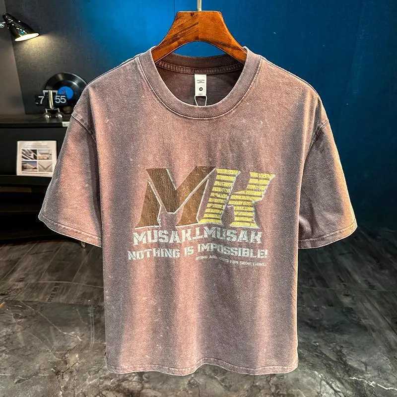 Retro style washed printed short sleeved T-shirt suitable for summer men heavy-duty loose casual half sleeved round neck top W250425