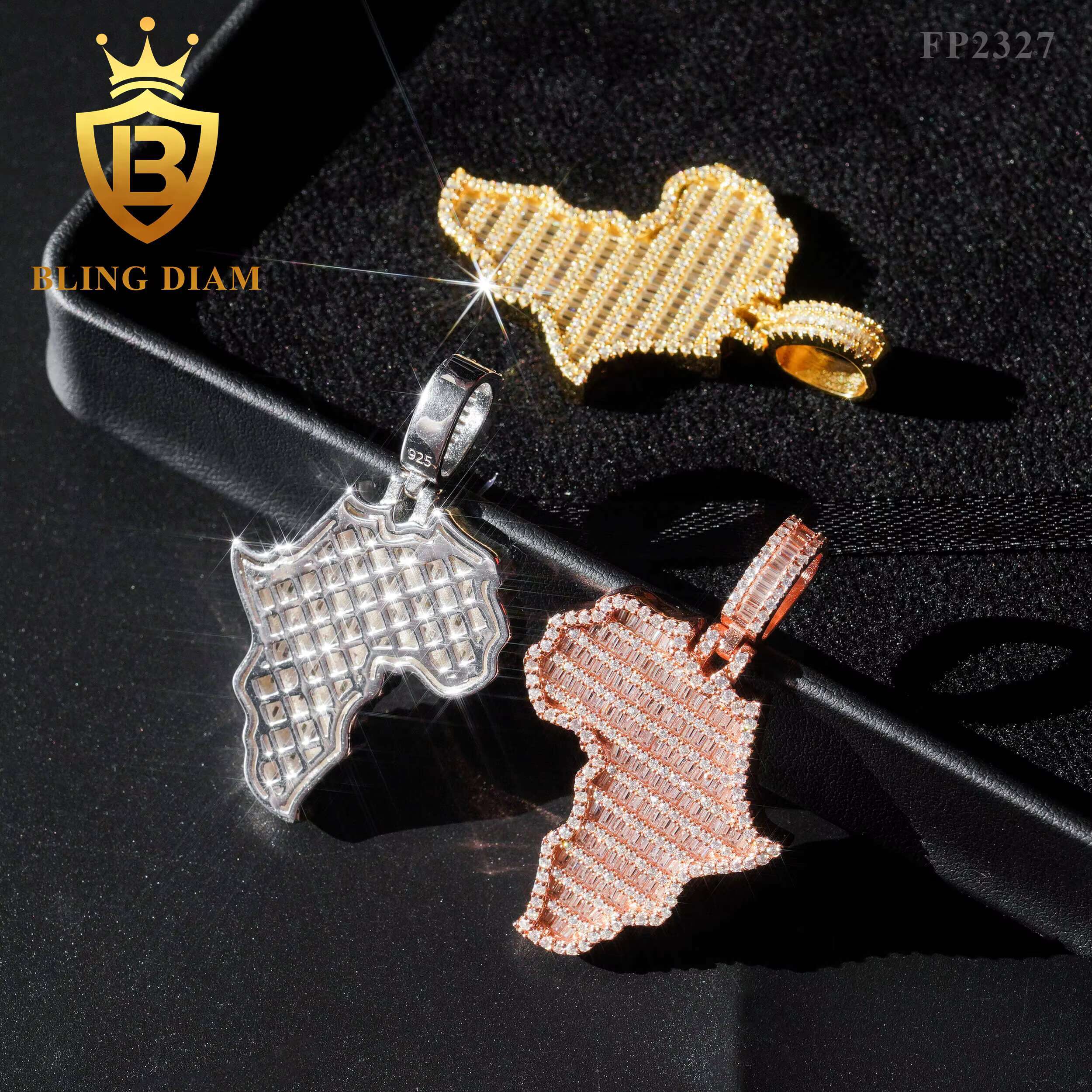 Blingdiam Jewelry Rapper Fashion Moissanite Custom Pendant Iced Out Africa Map Hip Hop Pendant 925 Silver Charm Pendant
