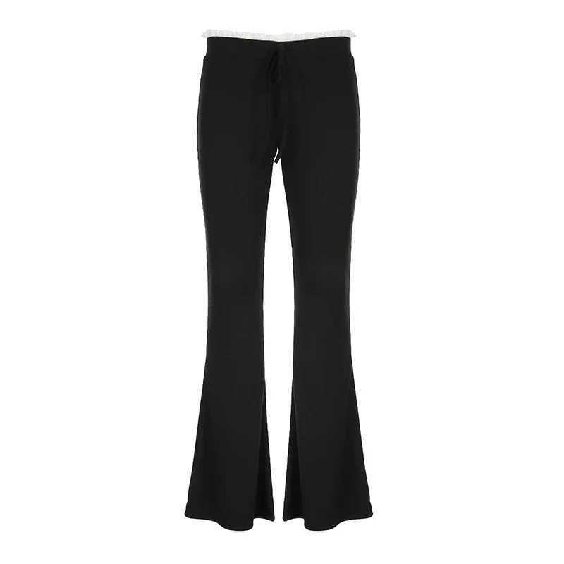Y2K Sweet Contrast Ruched Lace up High Waist Flared Pants Womens Casual Slim Fit Elastic Sports Pants TrouserC250425
