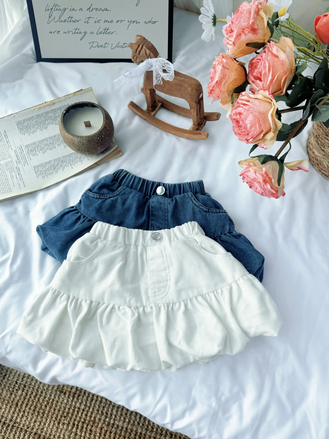 Korean Style Spring Childrens Clothing Retro Denim Solid Color Polka Dot Half Short Skirt Suitable for Girls Flower Embroidery 250424