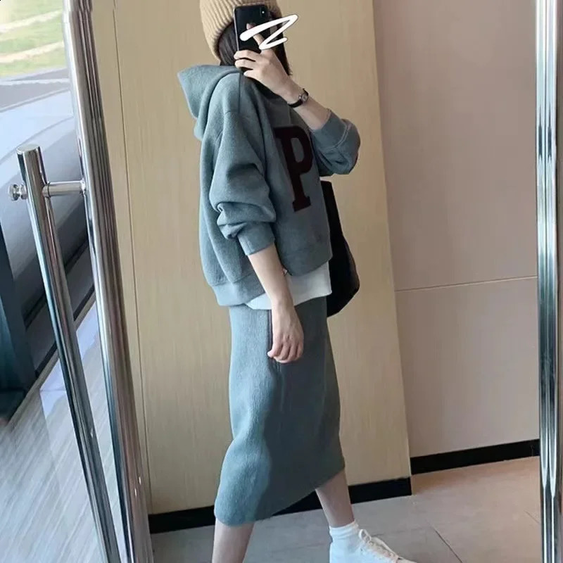 Plus Size Fall Plus Size Slimming Trendy Age Determining Set Dress Womens Hoodie Sweatshirt Half Skirt Two Piece Set 250422