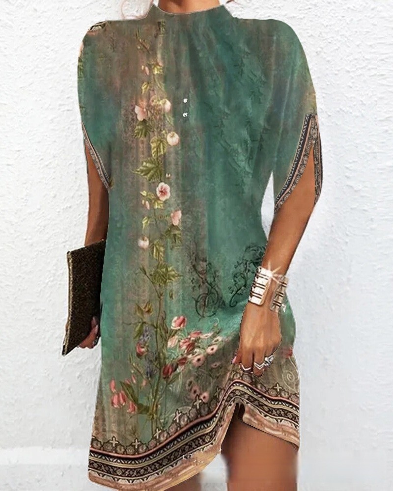 2023 New Womens Fashion Round Neck Loose Bat Sleeves Round Neck Dress