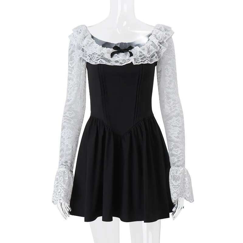 Dongdumaoyi Townlike Waist Wrap Pleated A Line Dress Women Mini Autumn Winter Lace Patchwork Nightclub Sexy Party Dresses