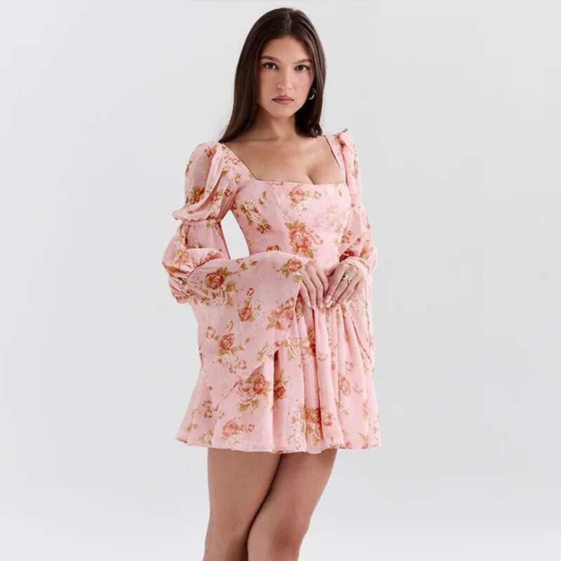 Dongdumaoyi Townlike Floral Print Waist Wrap A Line Dress Women Flare Sleeve Mini Autumn Winter Nightclub Sexy Party Dresses
