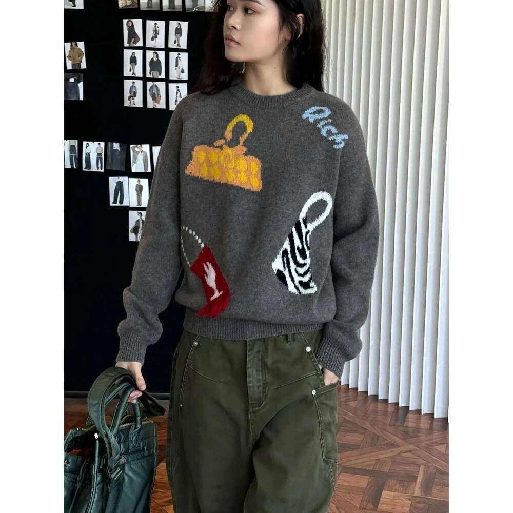 Autumn And Winter Women's Casual Jacquard Round Neck Long Sleeved Loose Pure Wool Sweater