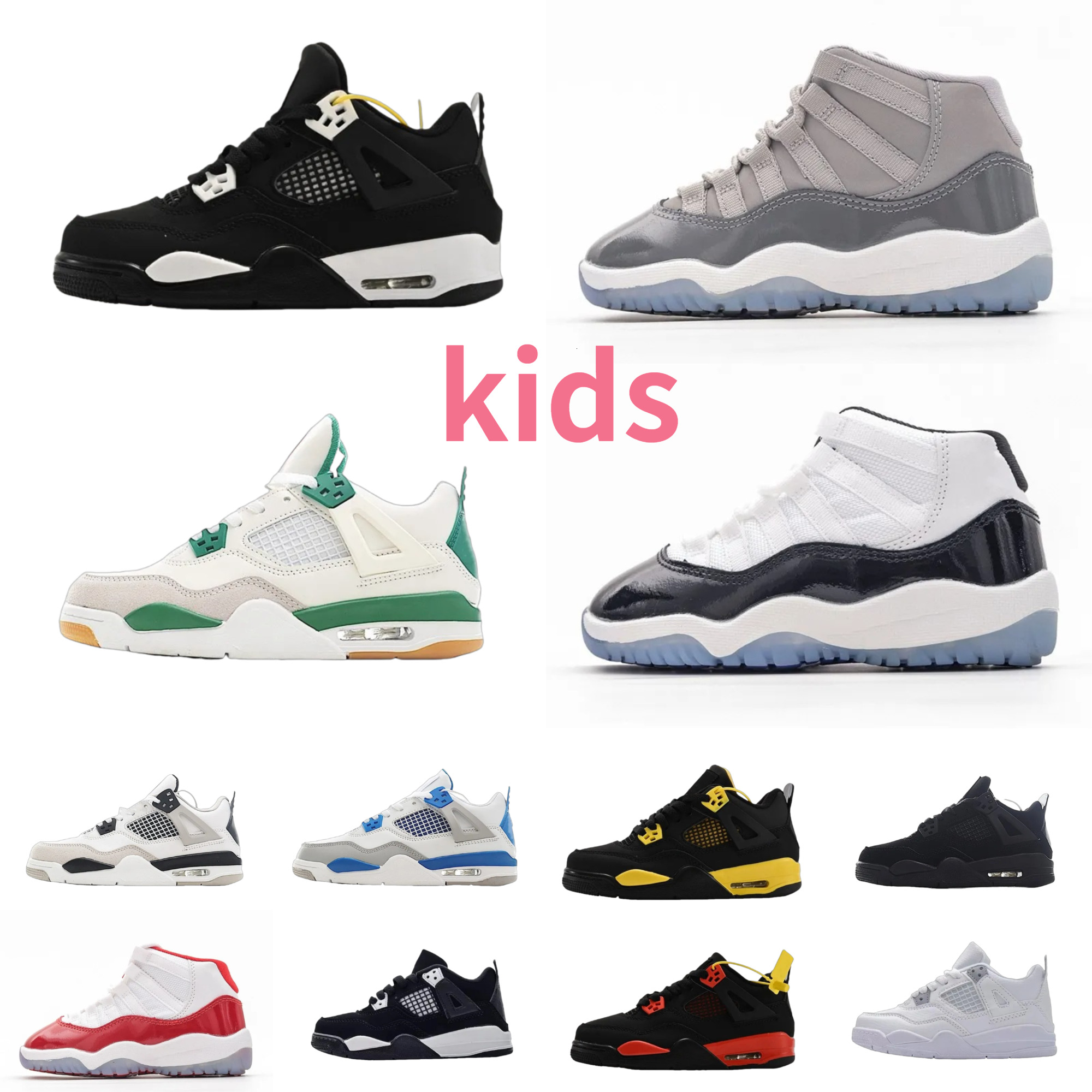 Trainers 4 J4 J11 Kids Basketball Shoes Boy Girl 11 11s 4S Military Black Cat Pure White Cement RetroES Outdoor Shoe COOL GREY Cherry Sports Thunder Designer Sneakers