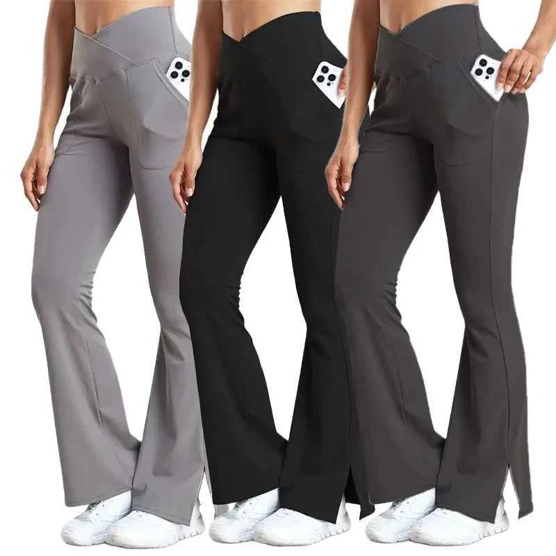 Womens yoga Flare Pants with pockets crossed waist sport waist hip lift workout tight fit split hem activity suitC250425