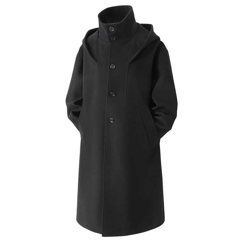 Autumn Winter Wool Blends Coats Men Hooded Turn Down Collar Fashion Youthful Vitality Long Woolen Outwear Male Loose Trench CoatT251125