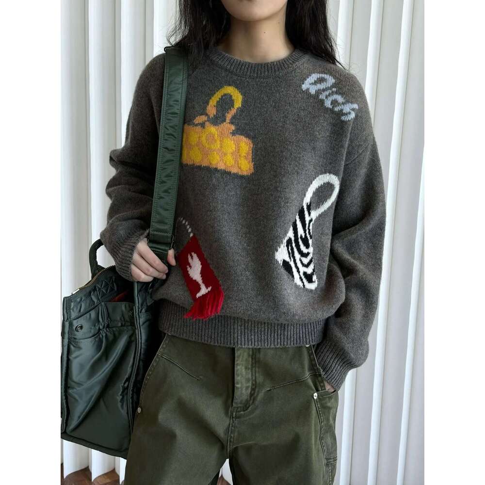 Autumn And Winter Women's Casual Jacquard Round Neck Long Sleeved Loose Pure Wool Sweater