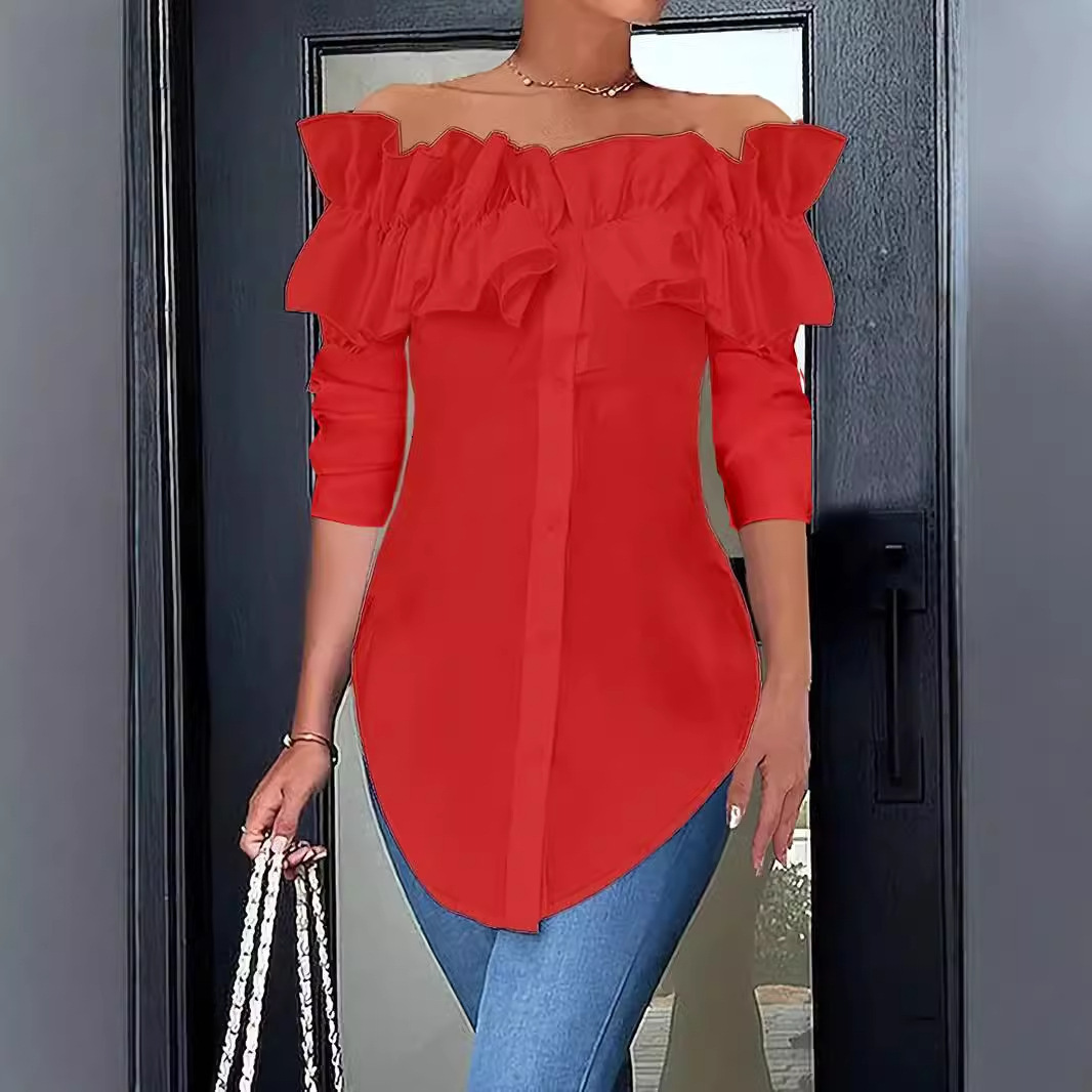 2024 autumn simple solid color one shoulder lotus leaf edge shirt top for women