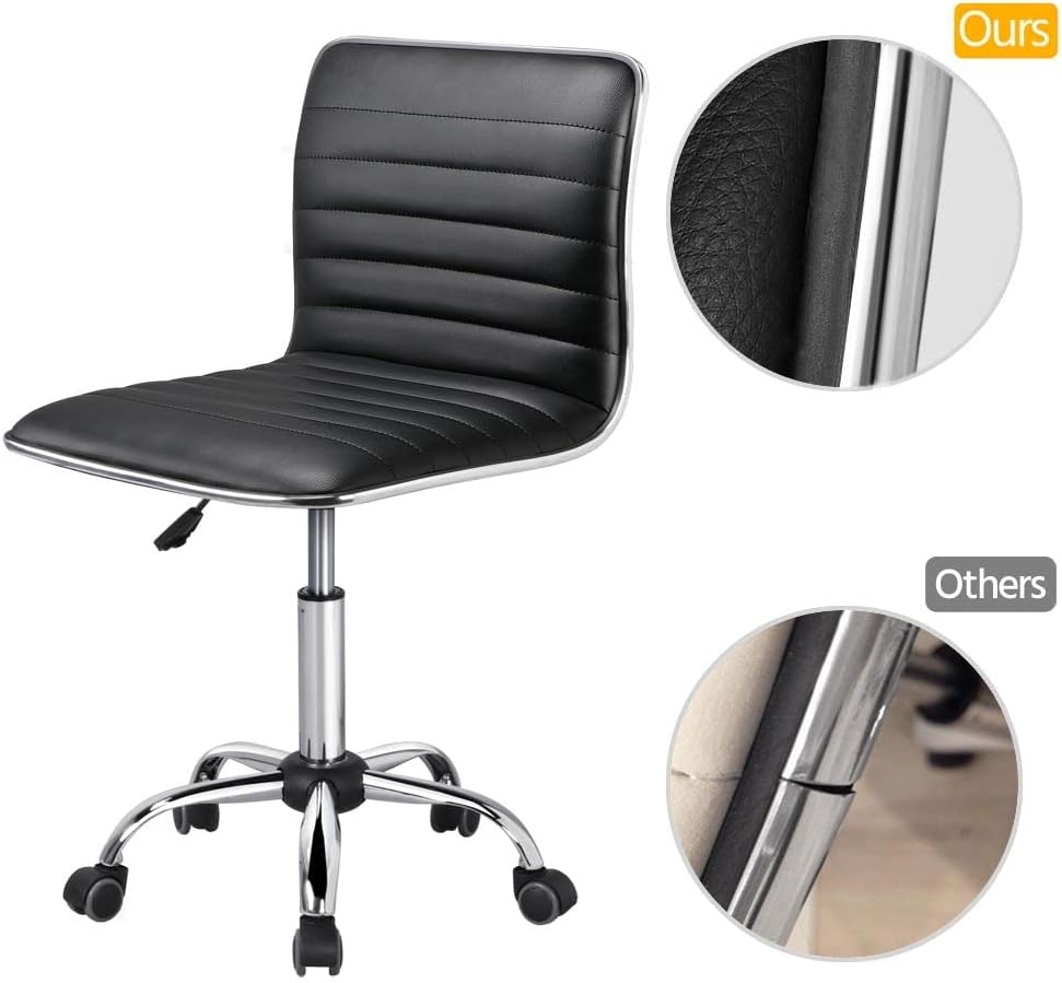 Adjustable Task Chair PU Leather Low Back Ribbed Armless Swivel Black Desk Chair Office Chair Wheels