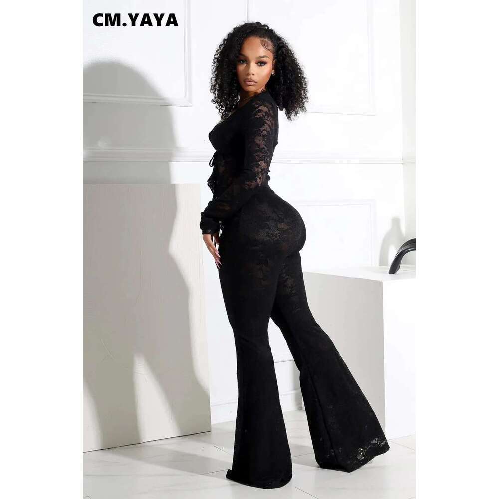 Cm.Yaya 2025 Women's Set Sleeve Lace See Through Shirt + Long Pants Street Evening Sexy Two 2Piece Sets Outfits Tracksuit