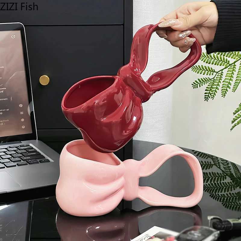 Creative Bowknot Shape Ceramic Mug Bowknot Handle Coffee Cup Dining Table Milk Mugs Afternoon Tea Teacup Fruit Juice Container Y251125