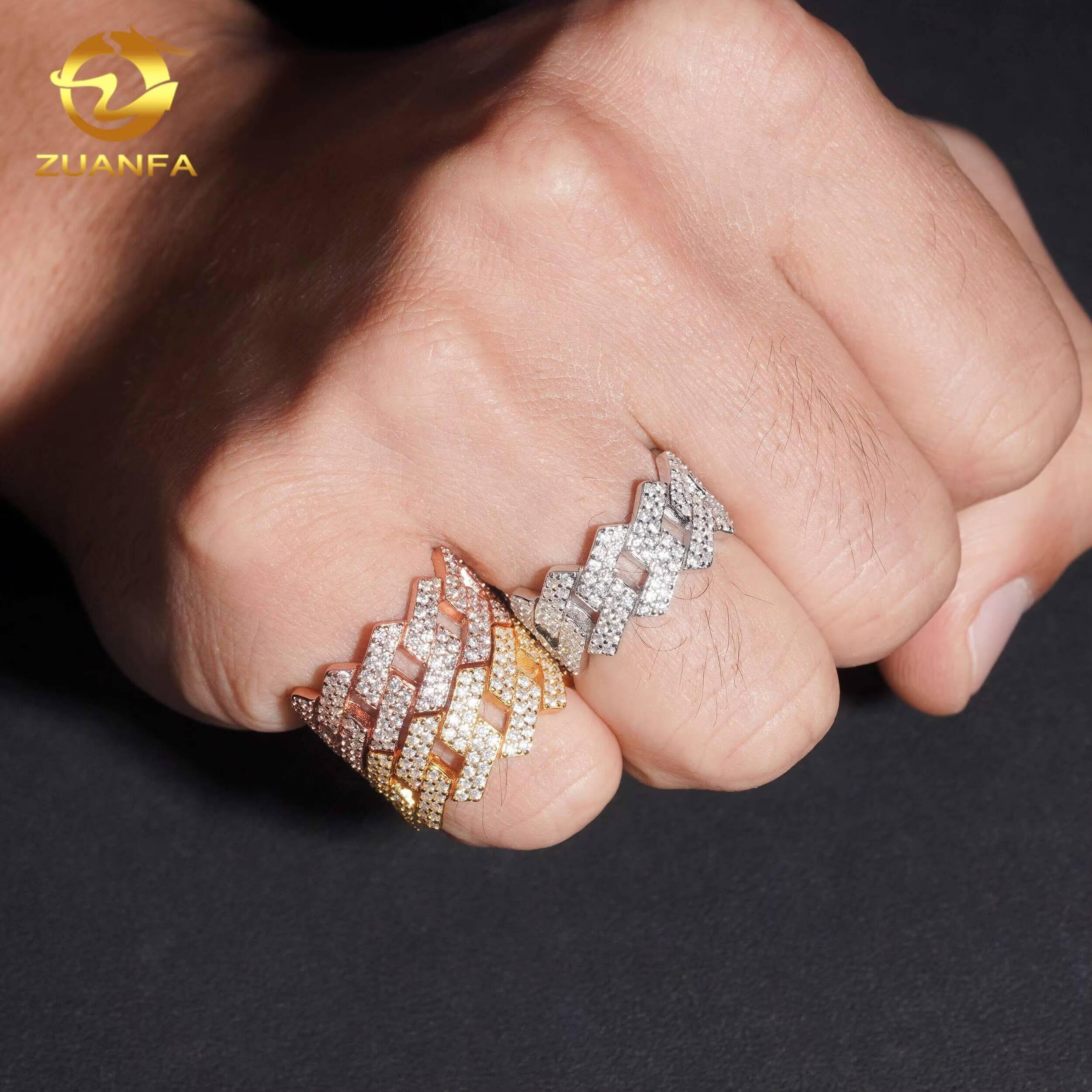 Hot Sale Two Row Hip Hop Rapper VVS Mokssanite Ring 925 Silver Fine Jewelry Full Diamond Iced Out Jewelry Cuban Ring for Men