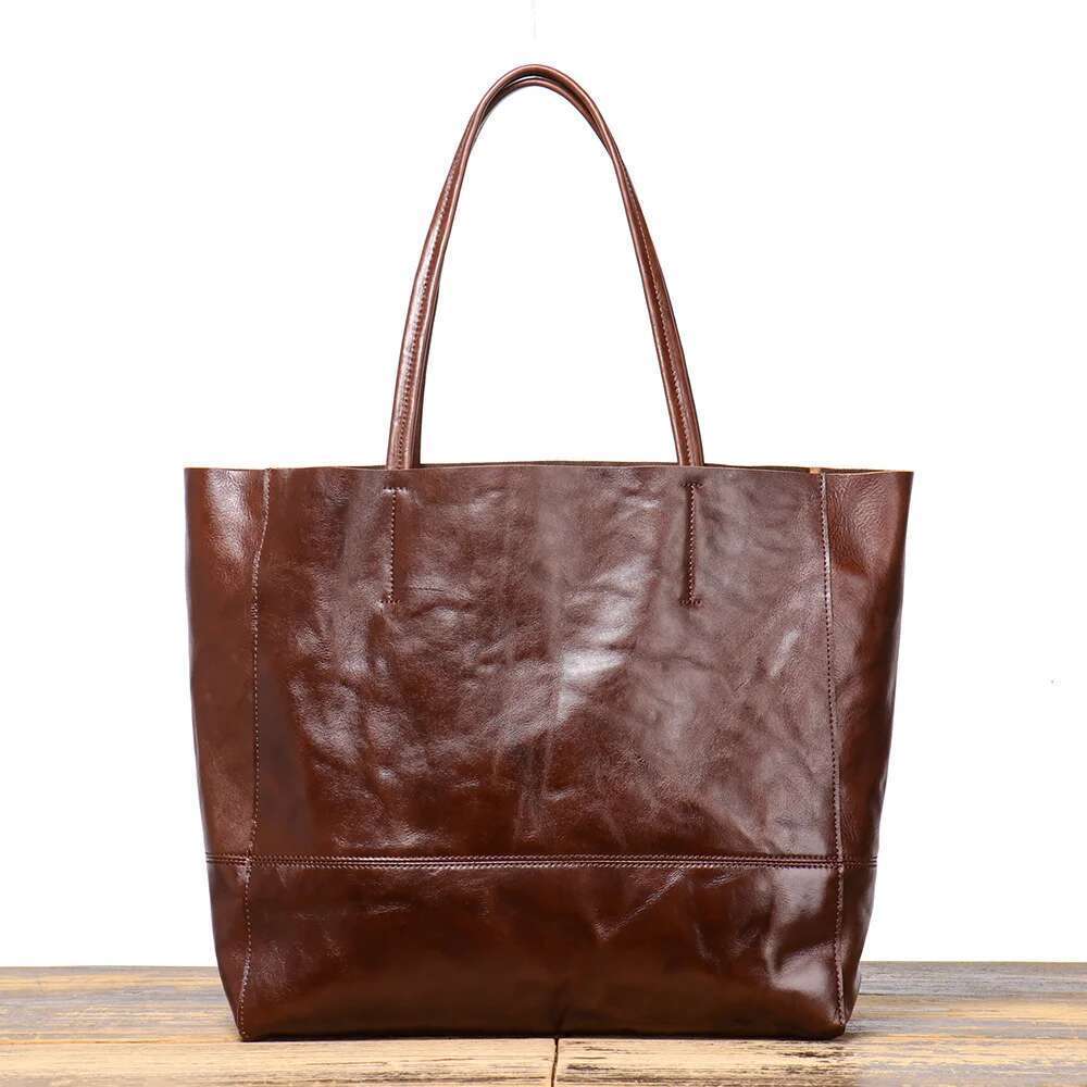 LUOKIR Genuine Leather Vintage Women's Tote Handbag Mother And Child Top Layer Cowhide Shoulder Shopping Bag