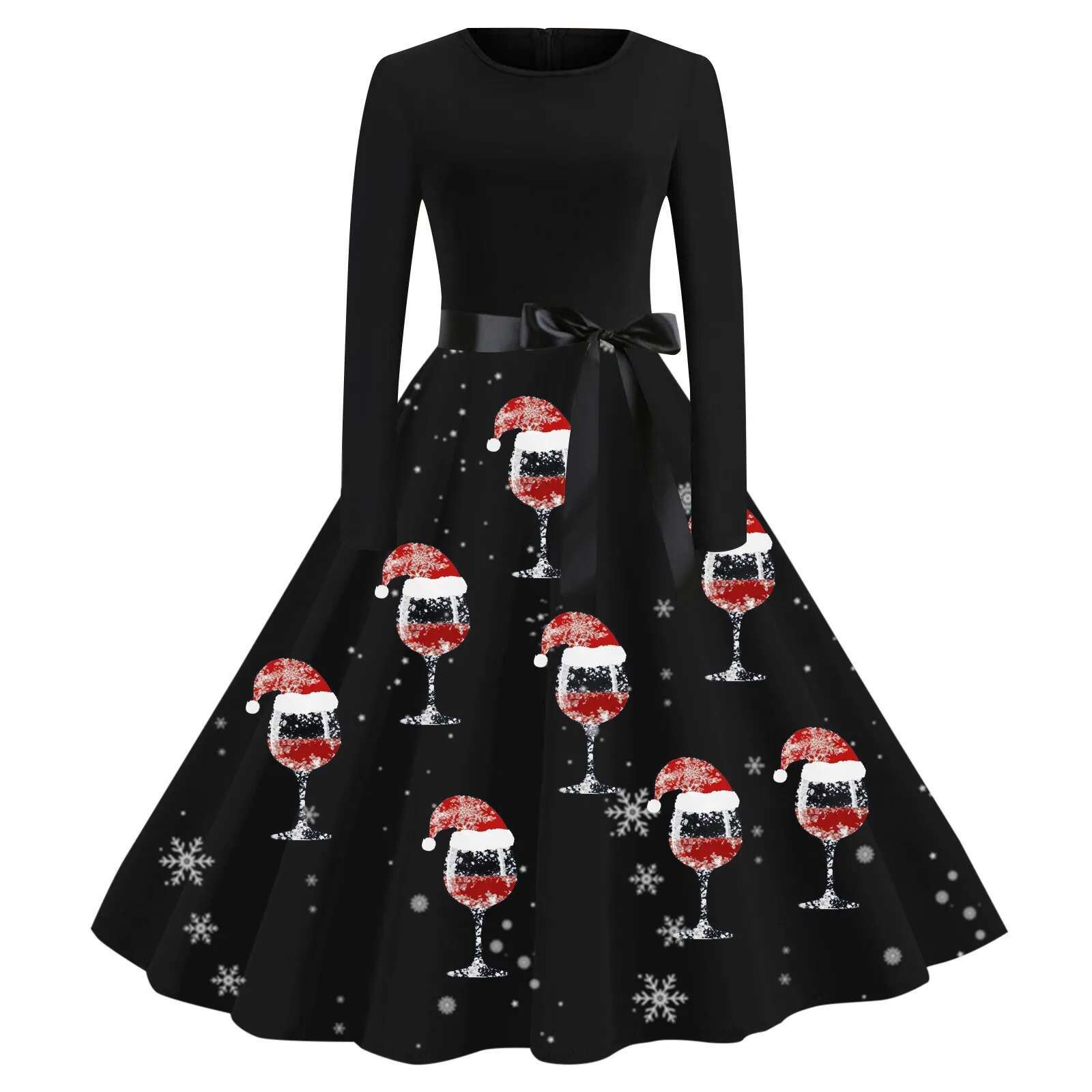 Dongdumaoyi Winter Christmas Dresses Women S Vintage Robe Swing Pinup Elegant Party Dress Long Sleeve Casual Print Black Vestido