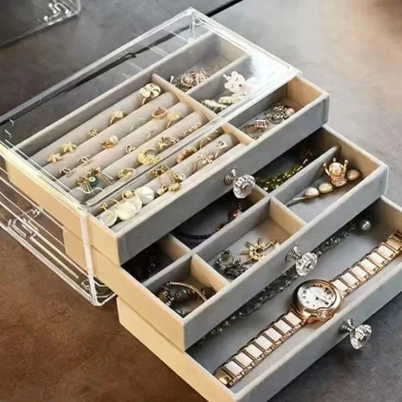 Jewelry Box Organizer Acrylic Velvet with 3 Drawers Stackable Display Earrings Necklace Bracelets Box Holder Case for Women 250424