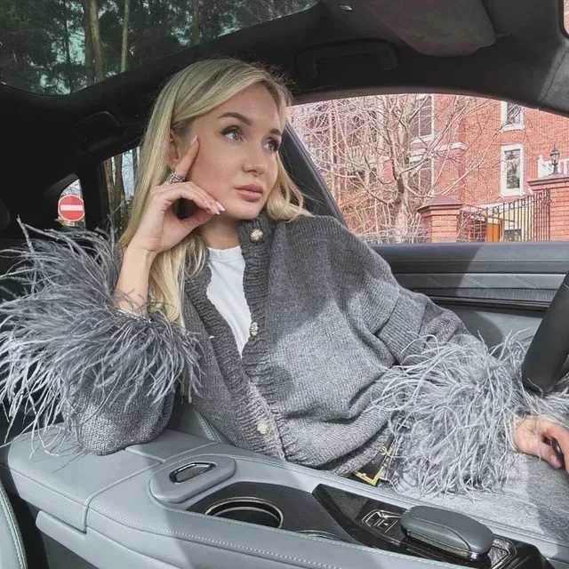 Feather Patchwork Cardigan Women Knit Fashion Single Breasted Turtleneck Loose Long Sleeve Top Sweaters Party Casual Chic CoatT251125