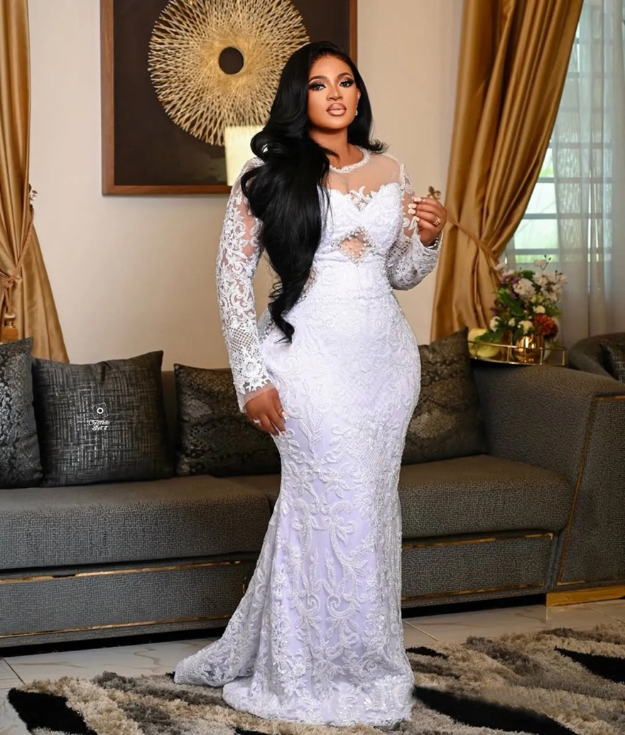 2025 Plus Size African Mermaid Wedding Dress Bridal Gowns For Bride Illusion Sheer Neck Long Sleeves Beaded Lace Rhinestones Wedding Gowns For Black W