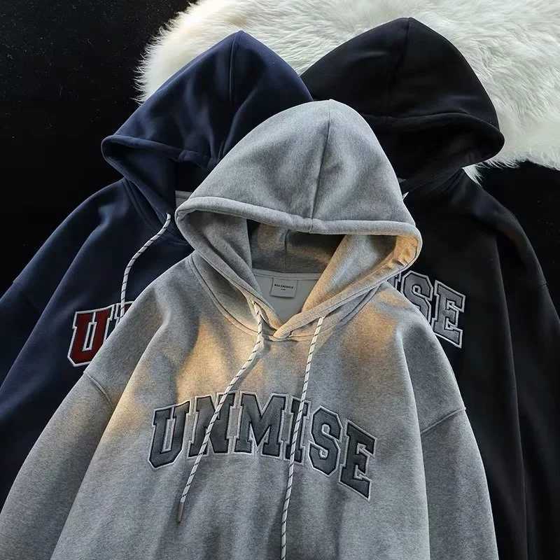 (Plus M-8XL Hoodie) 2025 New American Retro Navy Blue Letter Printed Cotton Round Neck Mens Fashion Brand Sportswear w250425