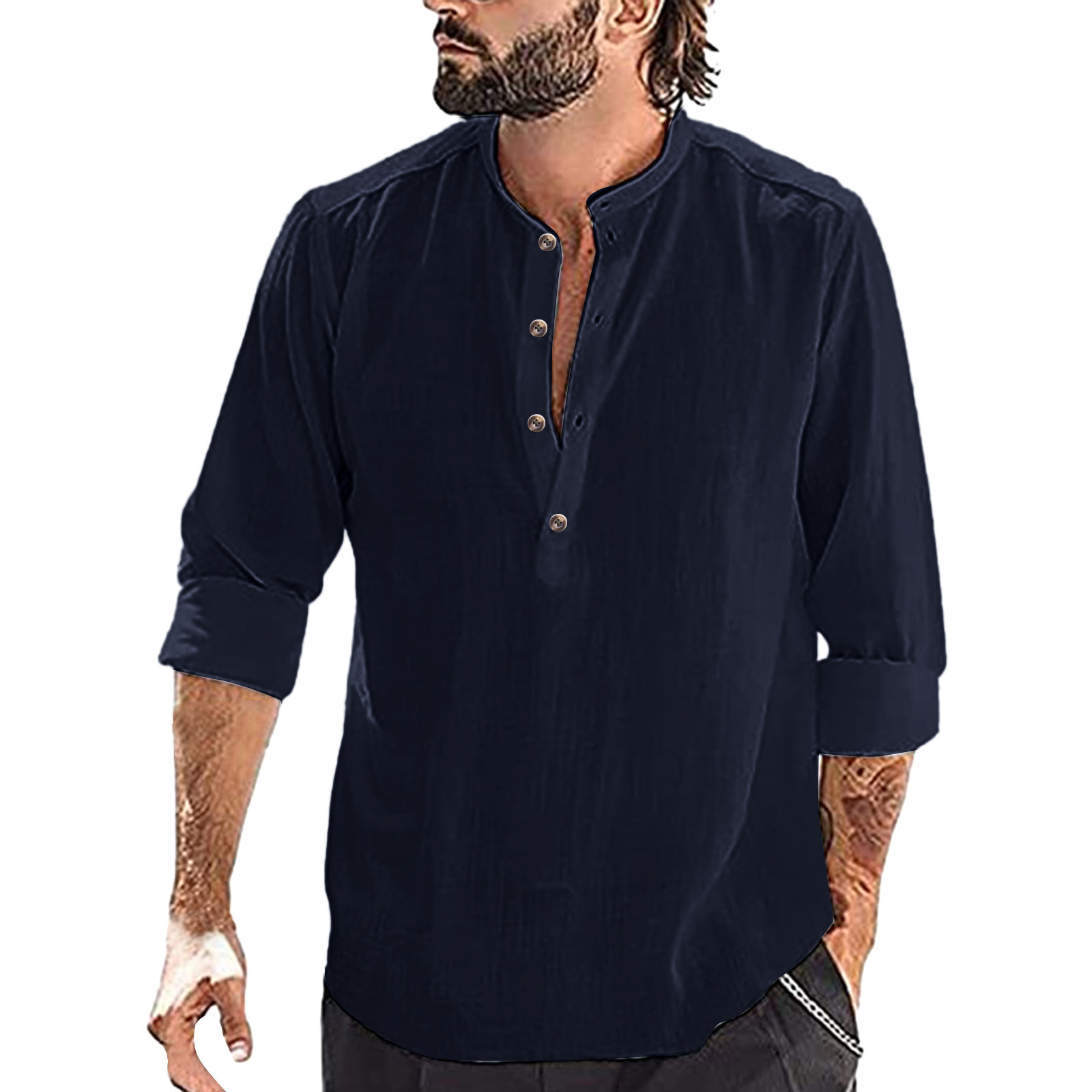 Casual mens loose shirt mens fashion stand collar cotton linen long sleeve color 2022