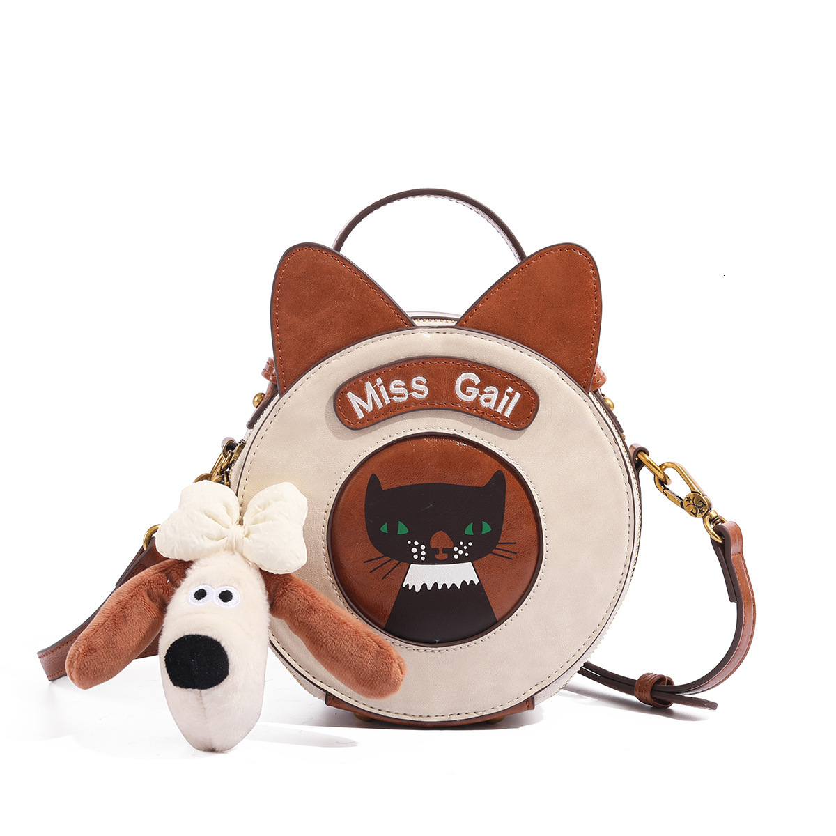 Cute Cartoon Cat Small Round Bag Women's Fashionable Pu Leather Puppy Pendant Designer Bag One Shoulder Crossbody Handbag