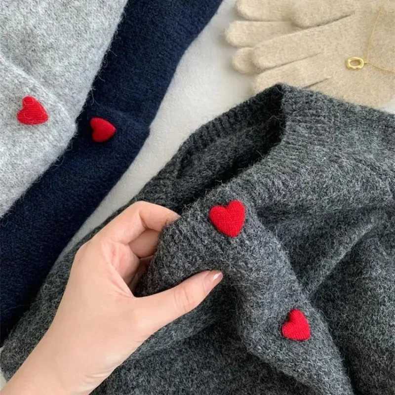 Zjaiss 2025 Deep Grey Wool Knitted Cardigan For Women In Autumn Winter Soft And Sticky Warm Sweater Love Buckle Shoulder SleevesT251125
