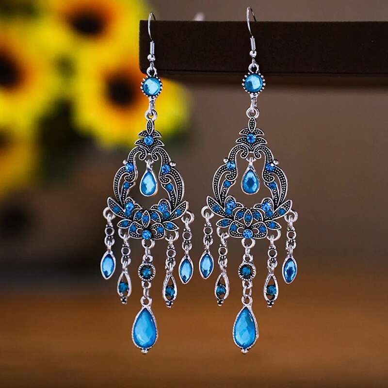 Vintage Ethnic Style Rhinestone Flower Shaped Water Drop Earrings For Women Elegant Long Texture Dangle Earring Female Jewelry
