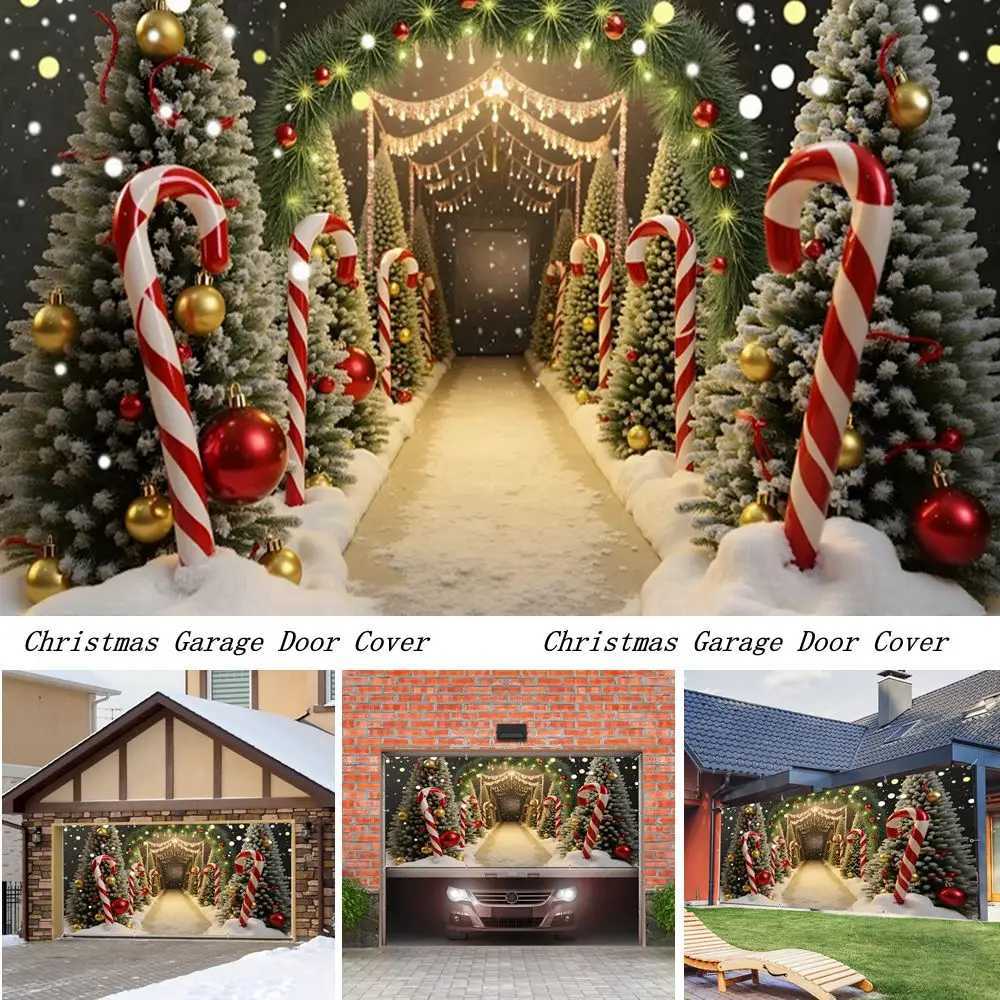 Snow Winter Christmas Garage Door Cover Banner Candy Cane Xmas Tree Backdrop Xmas Home Yard Wall Indoor Outdoor Party Decor M251125