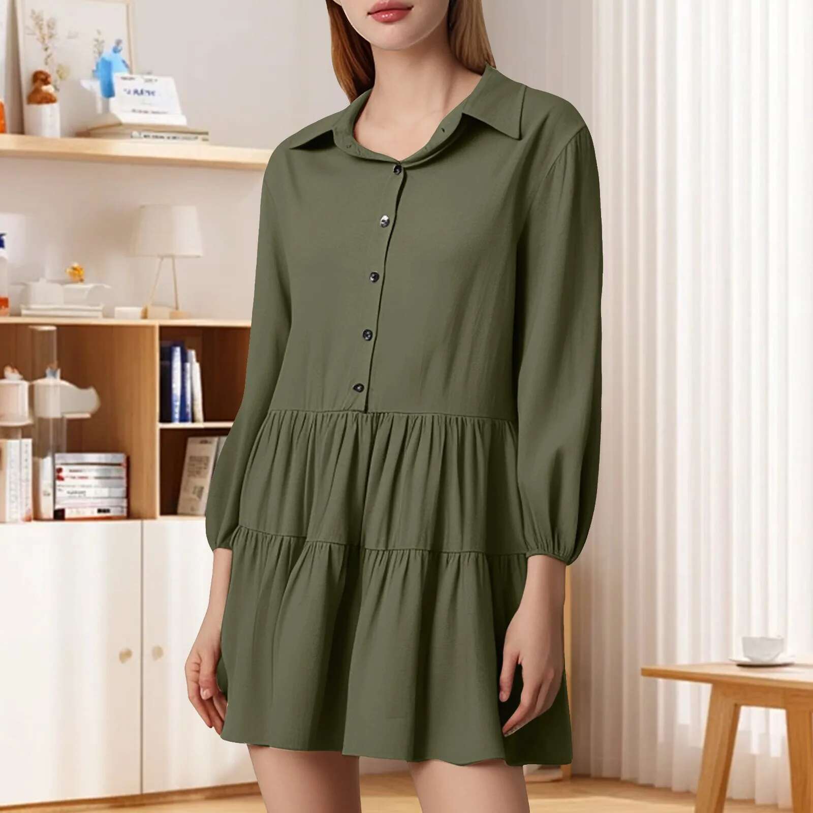 Dongdumaoyi Women Loose Vintage Ruffles Dress Sexy Spring Full Long Sleeve Button Boho Casual Holiday Party Elegant Midi Dresses