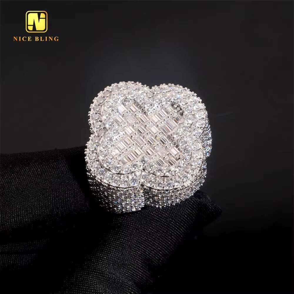 GRA Certificate Baguette Hip Hop Rapper VVS Moissanite Fine Jewelry Diamond Men Rings Iced Out Jewelry 925 Silver Clover Ring