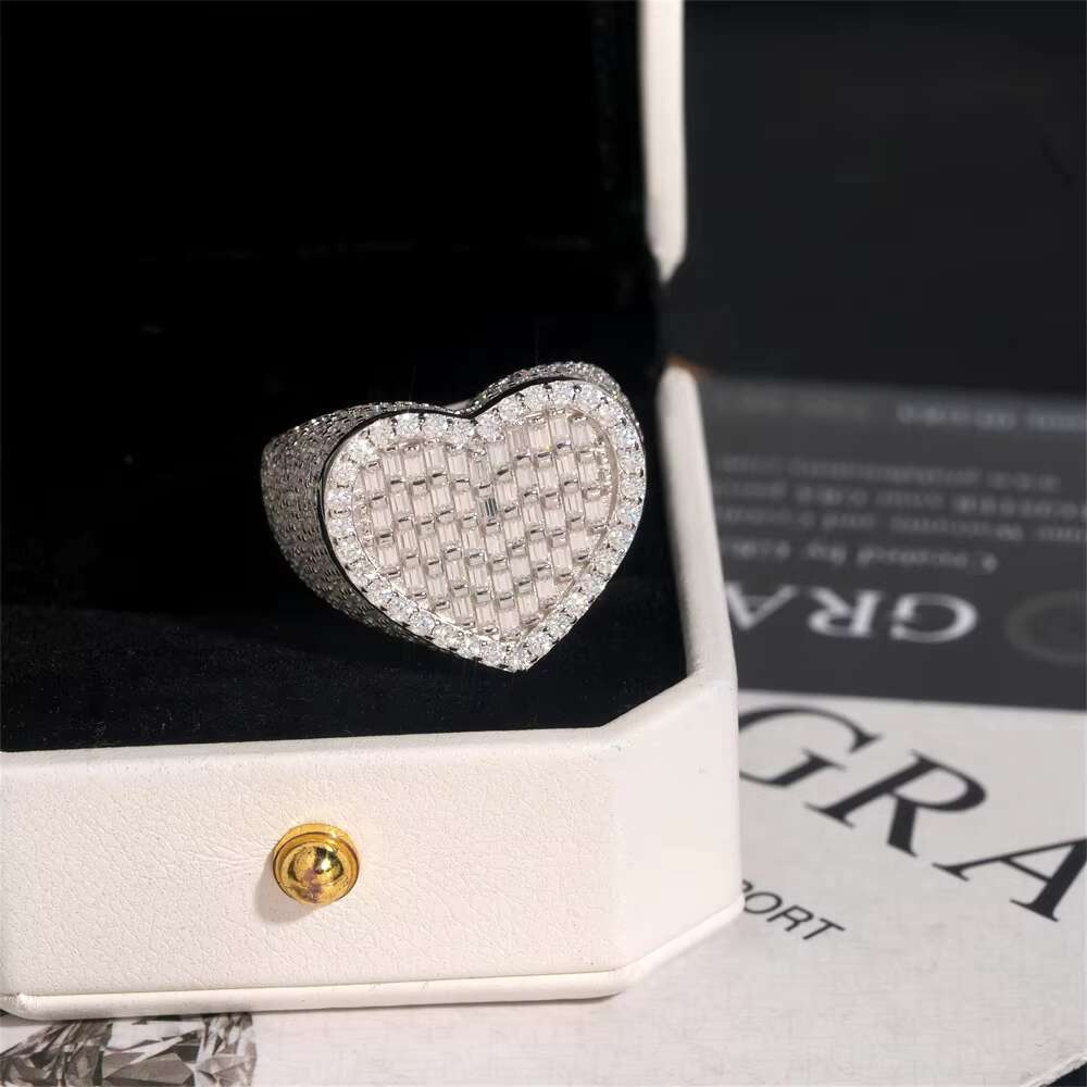 Baguette Silver Plated Hip Hop Style VVS Moissanite Jewelry Heart Shape Custom Iced Out Ring 925 Silver Diamond Rings Women Men