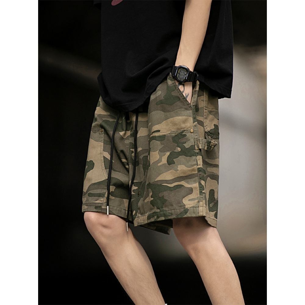 American style high street multi pocket workwear camouflage casual shorts men's trendy brand loose drawstring capris summer
