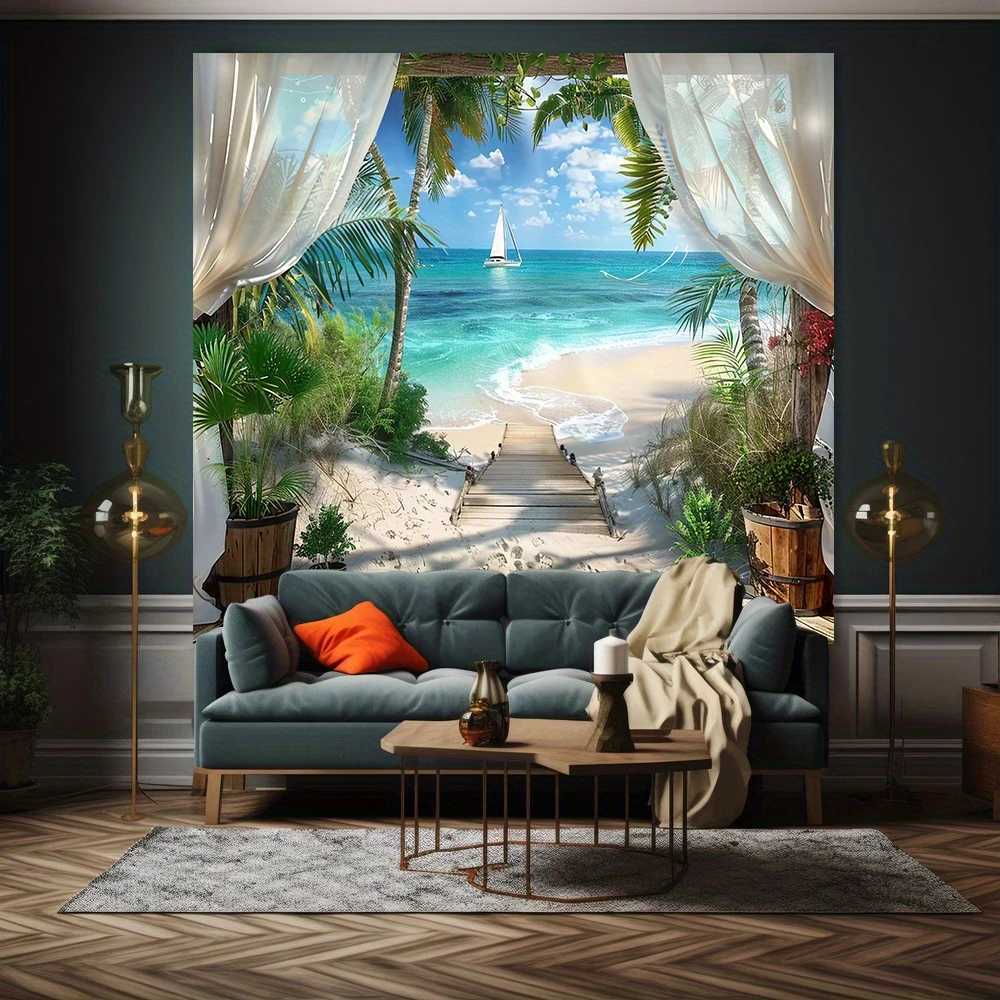 1 natural style polyester tapestry showcasing forest mountain scenery green pine trees white clouds and flowing rivers suitaM251125