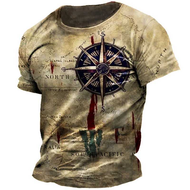 Retro mens T-shirt summer American shirt top compass print short sleeved T-shirt loose mens daily clothing casual streetwear W250425
