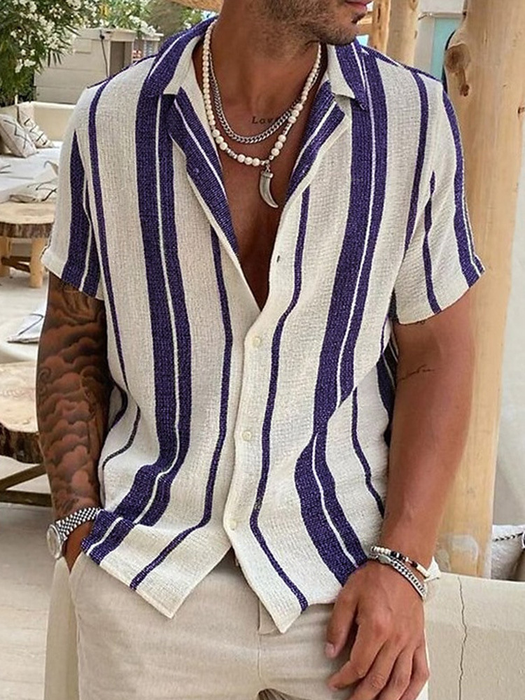 Summer Short Sleeve Large Geometric Stripe Element Coconut Tree Printed Shirt Mens Youth Top Shirt Loose and breathable