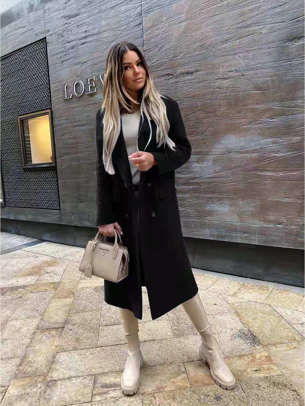 Autumn and winter 2021 long sleeved suit collar double breasted Nizi coat overcoat female