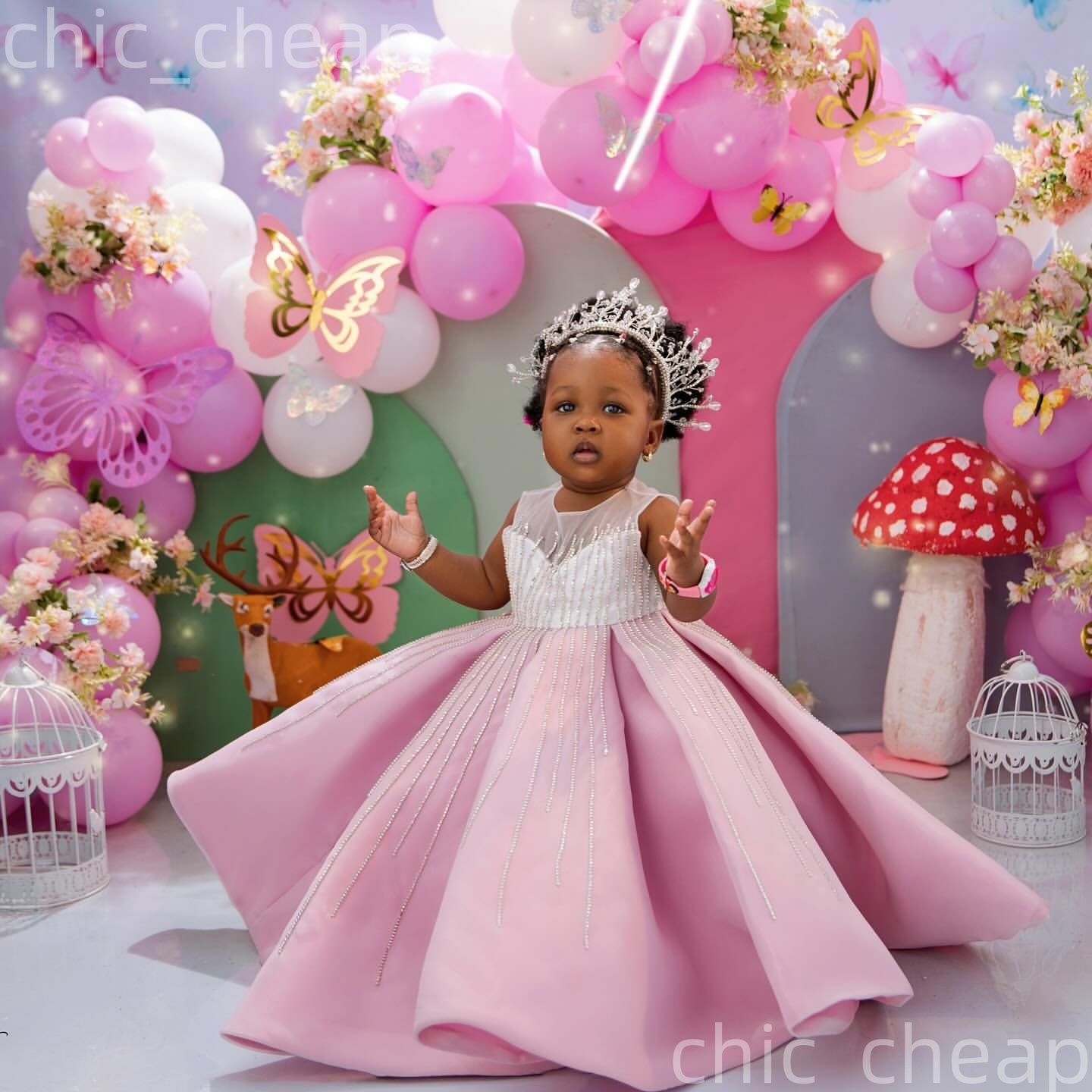 2026 Pink Ball Gown Flower Girl Dresses Beaded Sheer Neck Satin Little Girl Christmas Peageant Birthday Christening Tutu Dress Gowns ZJ424