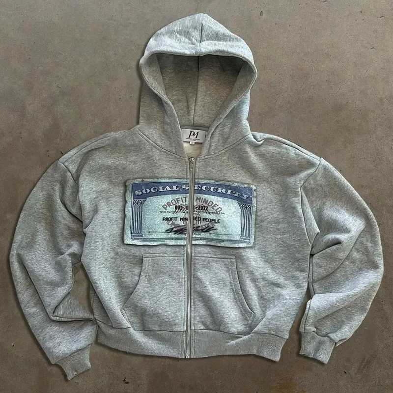 Y2k Fashion Hoodie New Harajuku Hip Hop PM Printed Long Sleeve Coat Loose Zipper Hoodie Retro Sportswear Mens Street Clothing M250425