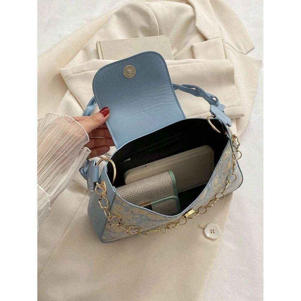 Vintage Decoration Women's Single Flower Pattern Shoulder Bag For Women, Chain Decor Underarm Purse
