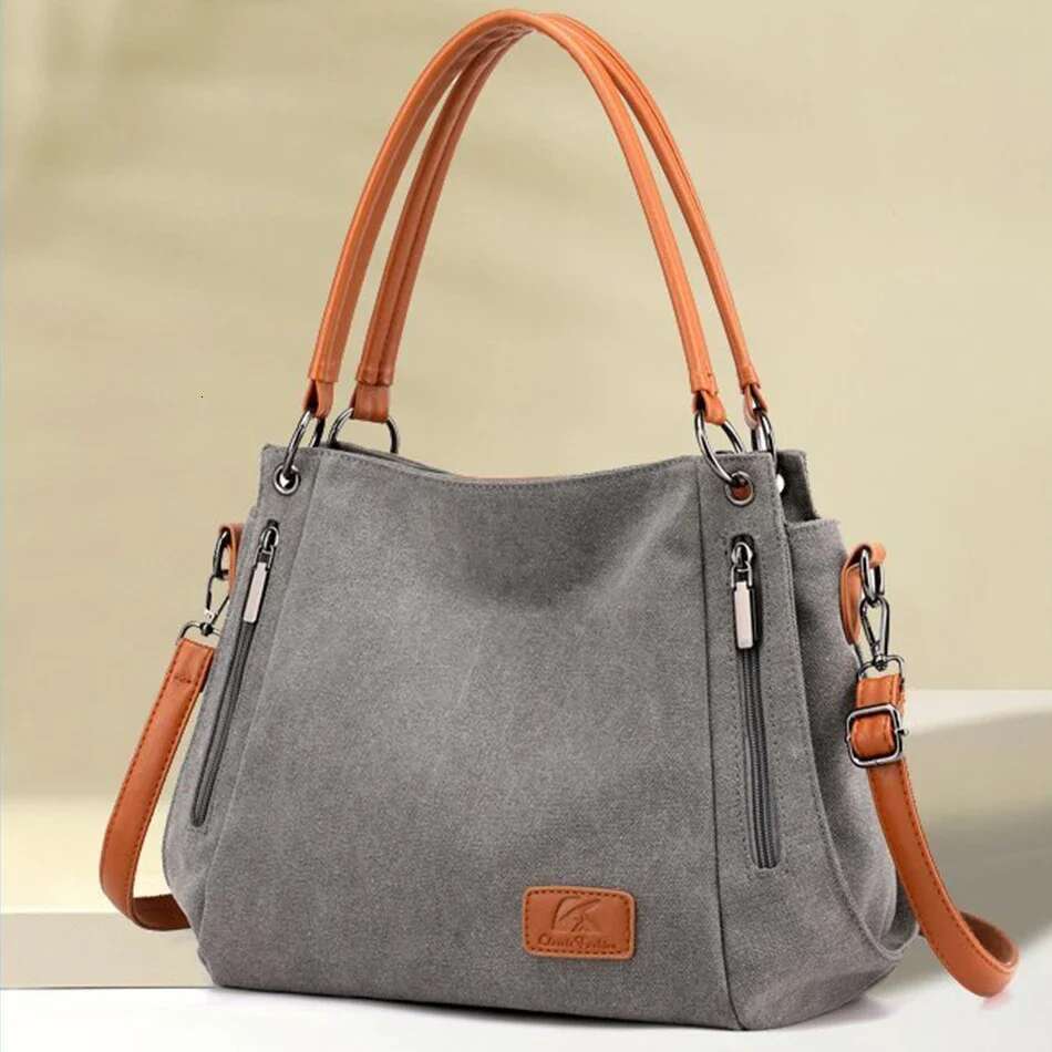 Designer bag New Arrival Grey Canvas Shoulder Bag Casual Tote Bag Women's Fashion Handbag Double Handles Zipper Pockets Large Capacity Everyday B