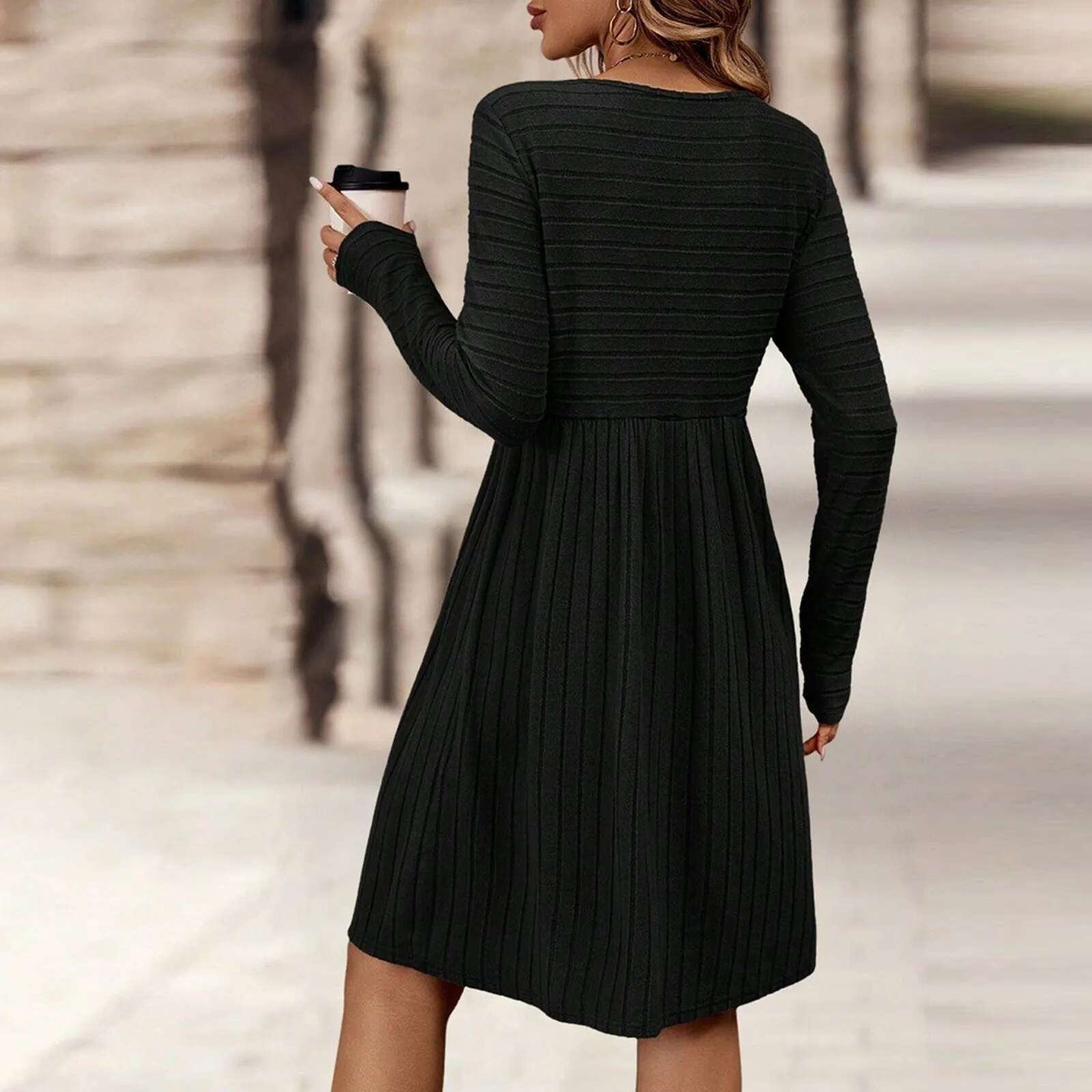 Dongdumaoyi Women S Round Neck Mini Dress Solid Color Knitted Jacquard A Line Dresses Long Sleeve Casual Pleated Woman