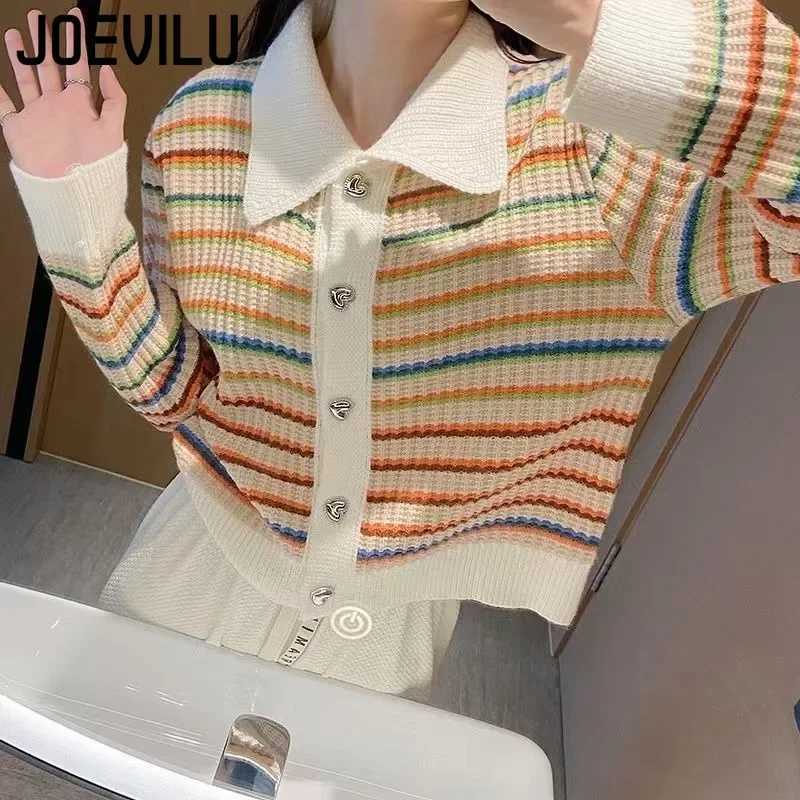 JOEVILU Rainbow Striped Sweater Polo Collar Loose Knitted Cardigans Womens Autumn Retro Fashion Pullover Top Casual Y2k ClothesT251125