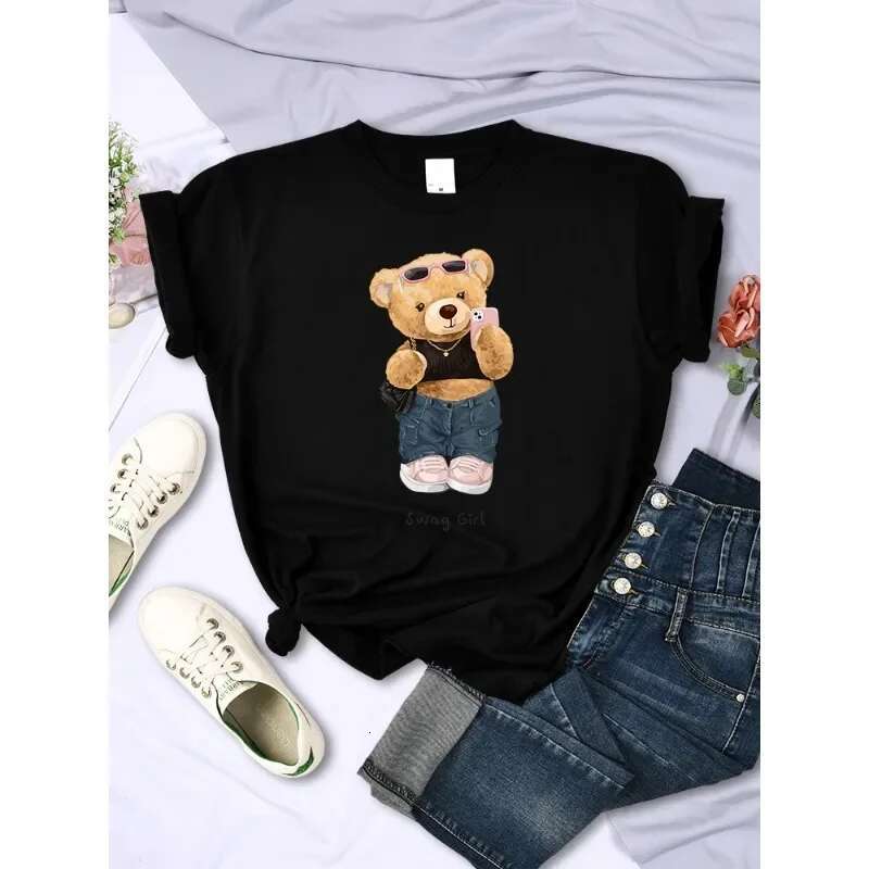 Dongdumaoyi Teddy Bear Selfie Swag Girl Fashion Fun Printed T Shirt Women Street Personalized Hip Hop Short Sleeve Summer Breathable