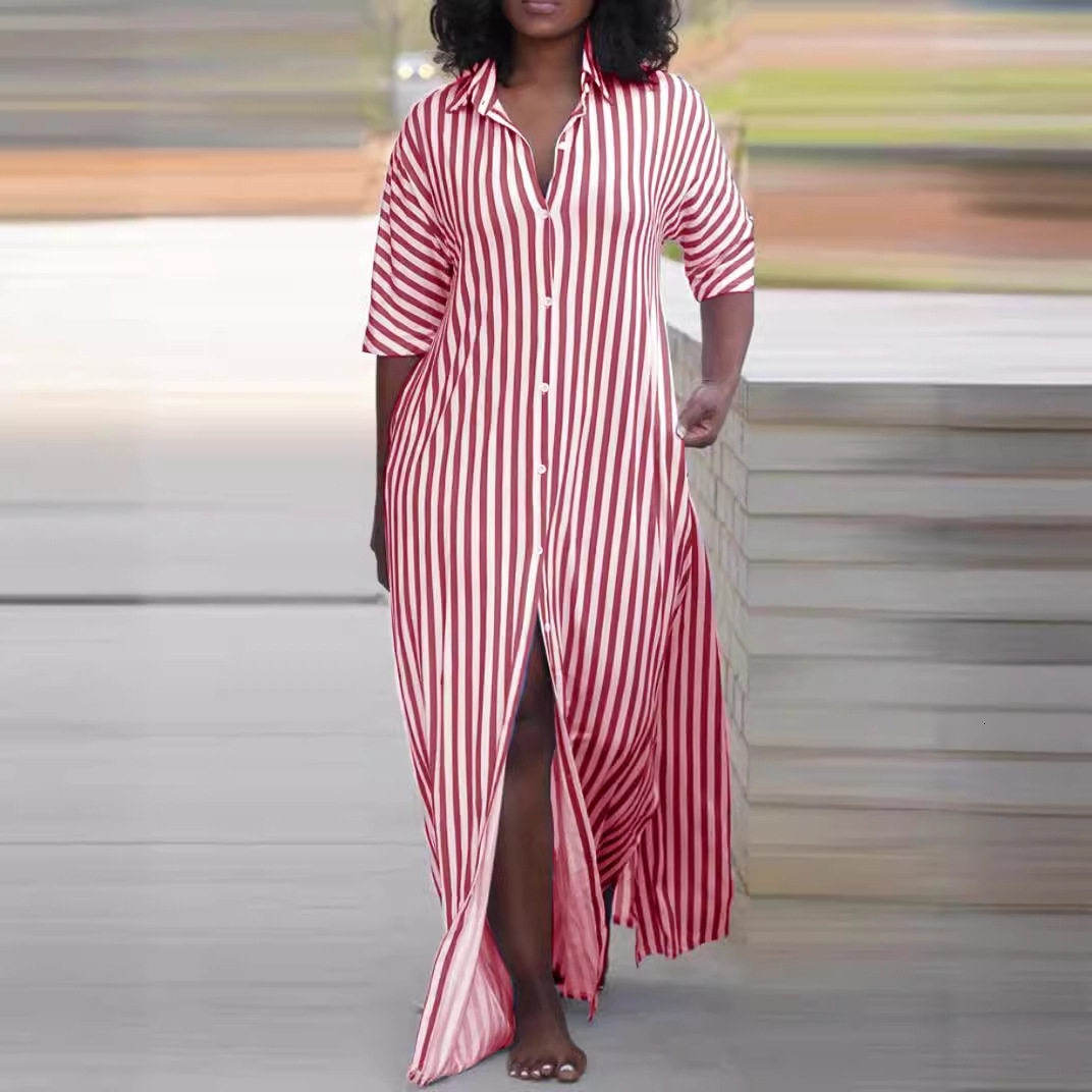 2024 Summer Fashion Loose V-neck Long Striped Shirt Dress for Women