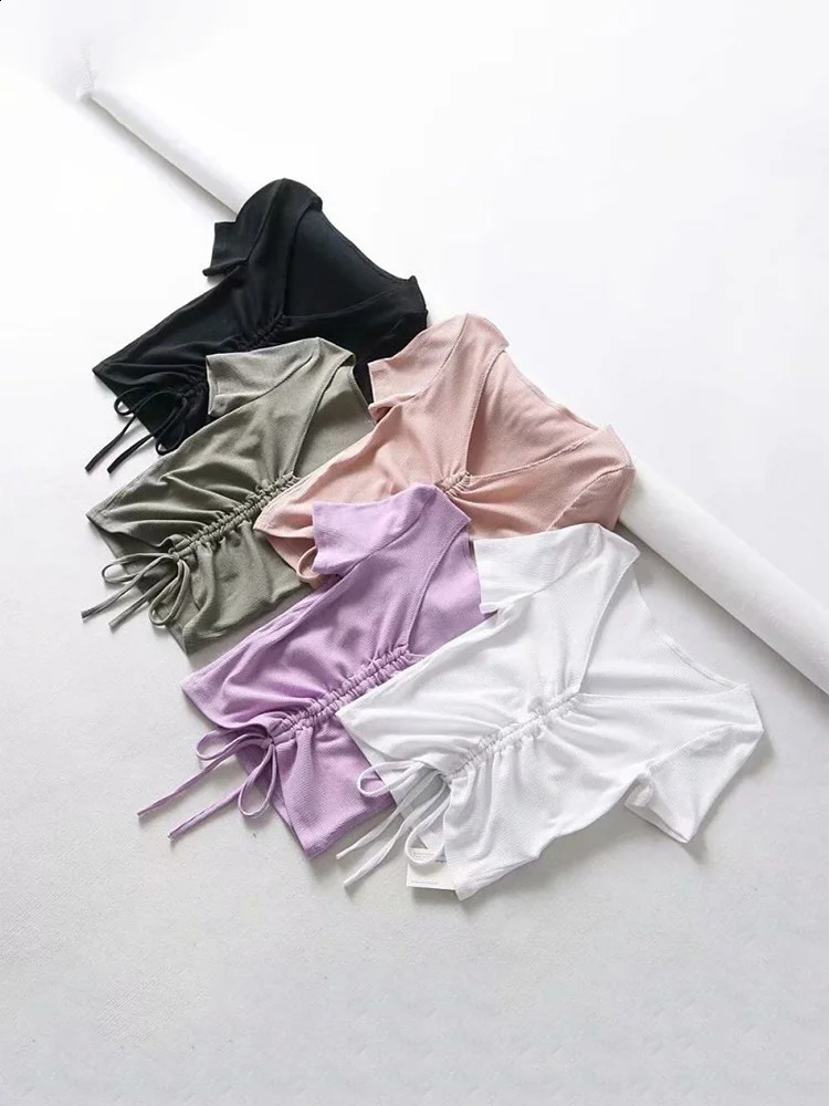 Sexy V-neck Cropped Tank Tops Womens Drawstring Tie Up Front Camis Candy Colors Streetwear Slim Edge Crop Top 250422